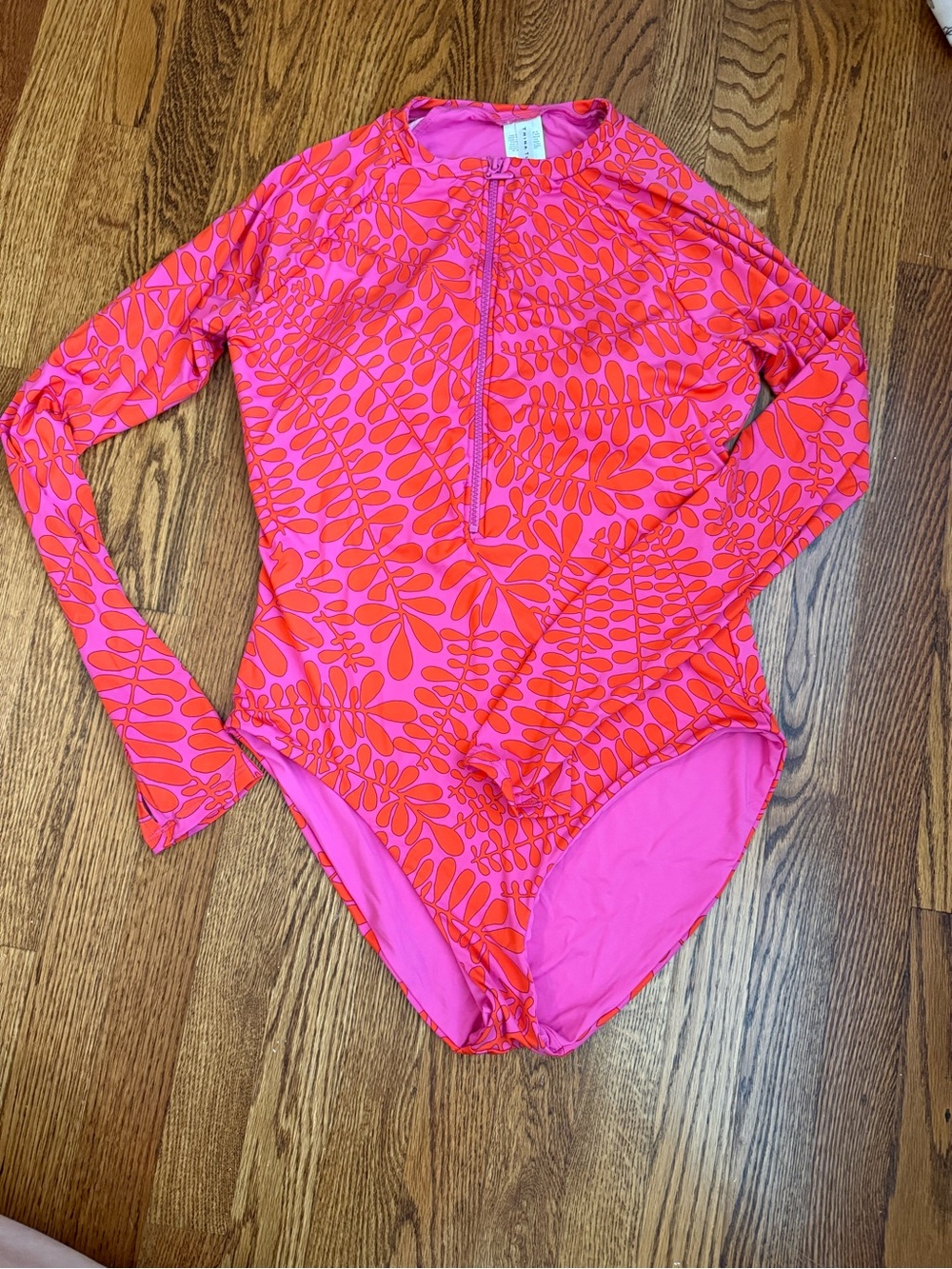 Trina Turk Pink & Orange Long Sleeve Zip Front One-Piece Swimsuit